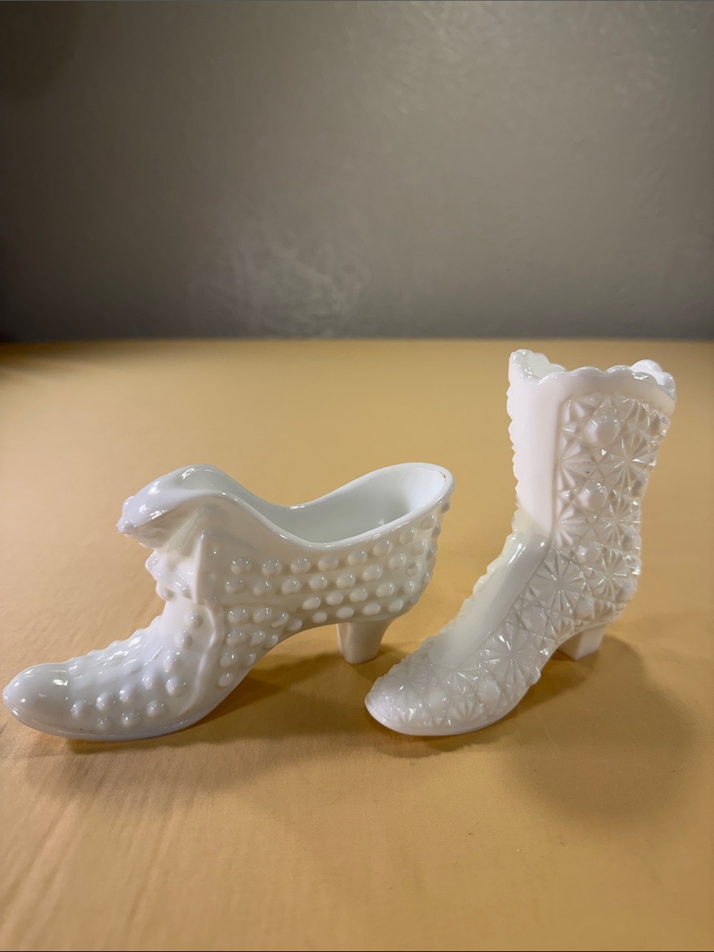 Fenton milk, glass slipper, and a boot